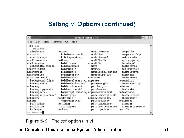 Setting vi Options (continued) The Complete Guide to Linux System Administration 51 Setting vi Options (continued) The Complete Guide to Linux System Administration 51