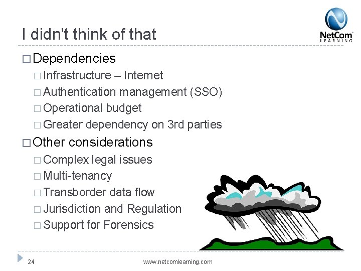 I didn’t think of that � Dependencies � Infrastructure – Internet � Authentication management