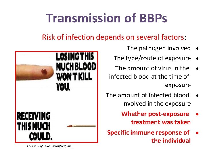 Transmission of BBPs Risk of infection depends on several factors: Courtesy of Owen Mumford,