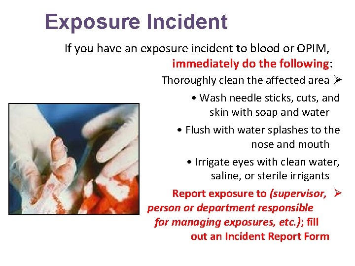 Exposure Incident If you have an exposure incident to blood or OPIM, immediately do