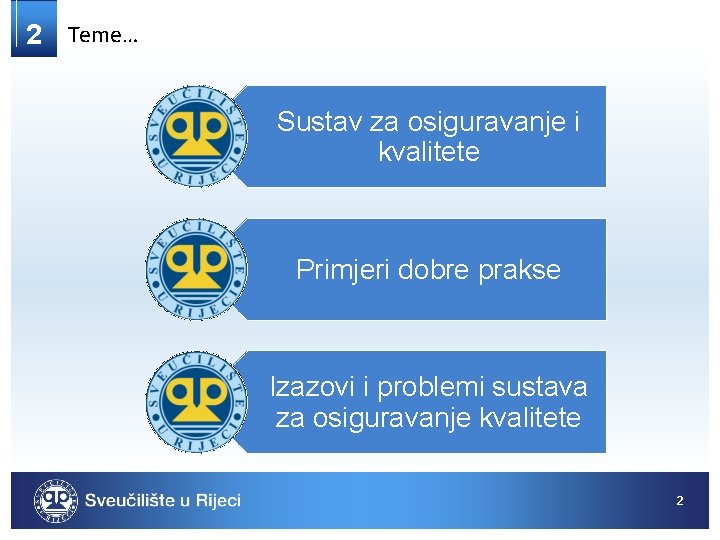 2 Teme… Sustav za osiguravanje i kvalitete Primjeri dobre prakse Izazovi i problemi sustava