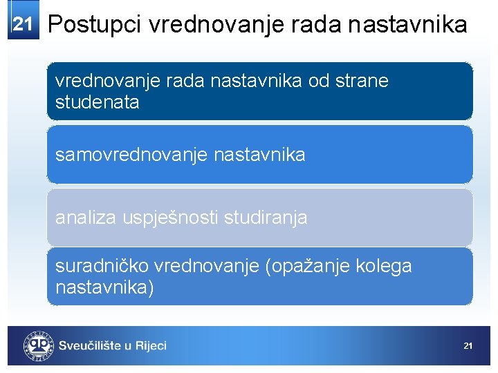 21 Postupci vrednovanje rada nastavnika od strane studenata samovrednovanje nastavnika analiza uspješnosti studiranja suradničko