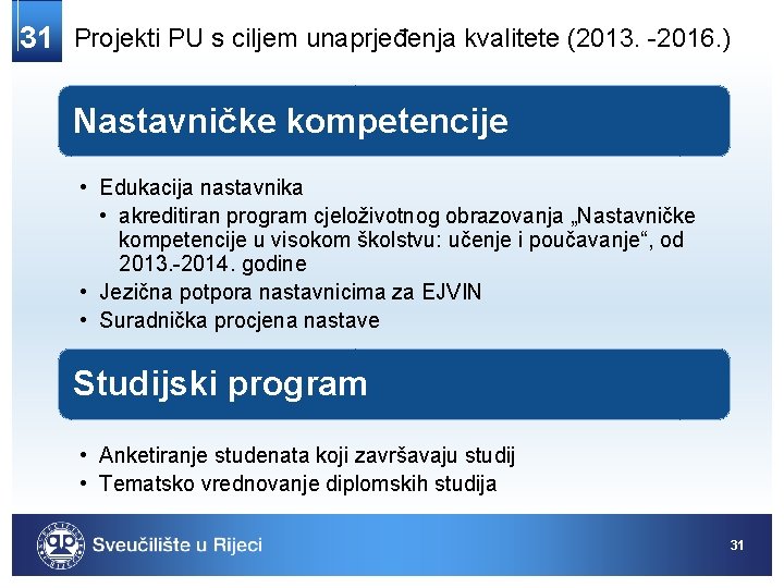31 Projekti PU s ciljem unaprjeđenja kvalitete (2013. -2016. ) Nastavničke kompetencije • Edukacija 31 Projekti PU s ciljem unaprjeđenja kvalitete (2013. -2016. ) Nastavničke kompetencije • Edukacija