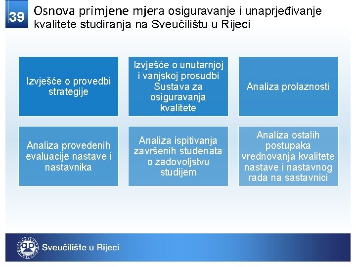 Osnova primjene mjera osiguravanje i unaprjeđivanje 39 kvalitete studiranja na Sveučilištu u Rijeci Izvješće