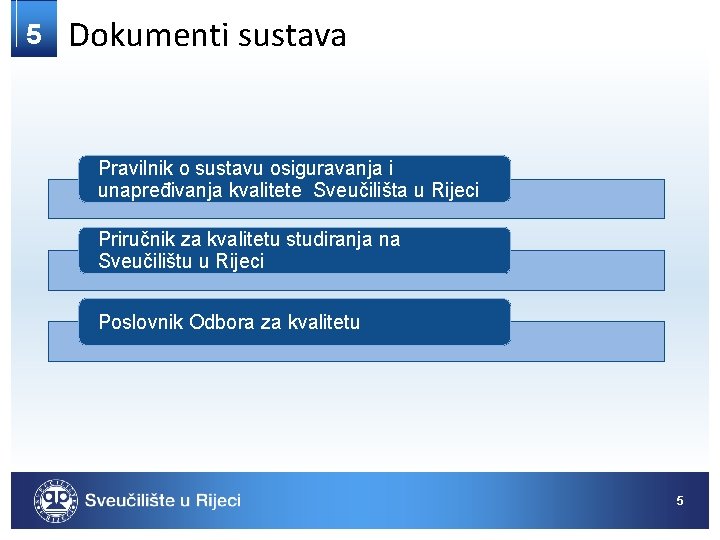 5 Dokumenti sustava Pravilnik o sustavu osiguravanja i unapređivanja kvalitete Sveučilišta u Rijeci Priručnik