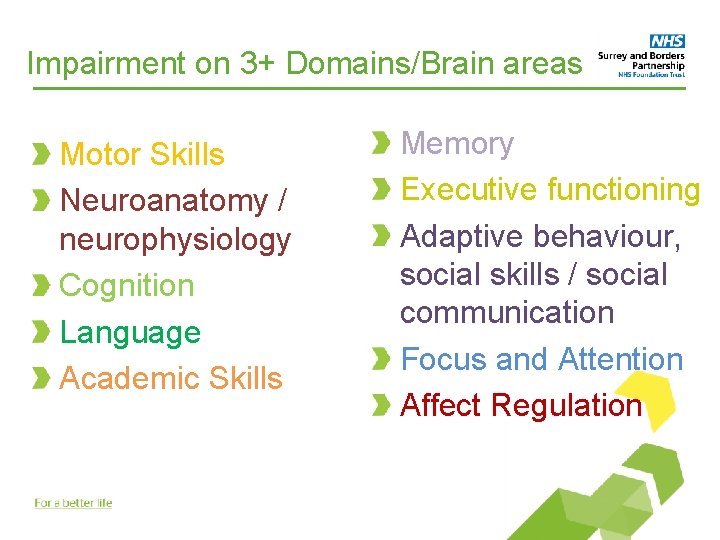 Impairment on 3+ Domains/Brain areas Motor Skills Neuroanatomy / neurophysiology Cognition Language Academic Skills