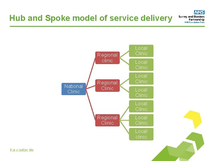 Hub and Spoke model of service delivery Regional clinic National Clinic Regional Clinic Local