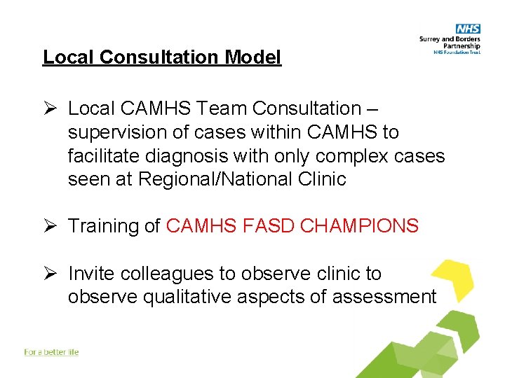 Local Consultation Model Ø Local CAMHS Team Consultation – supervision of cases within CAMHS