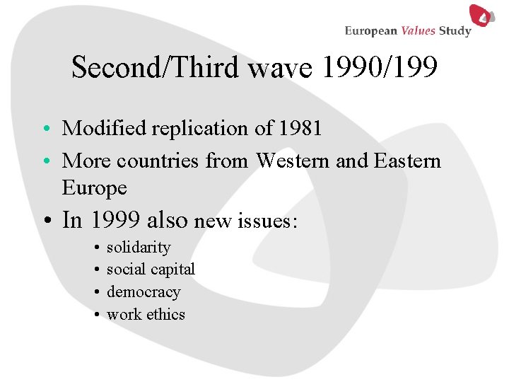 Second/Third wave 1990/199 • Modified replication of 1981 • More countries from Western and