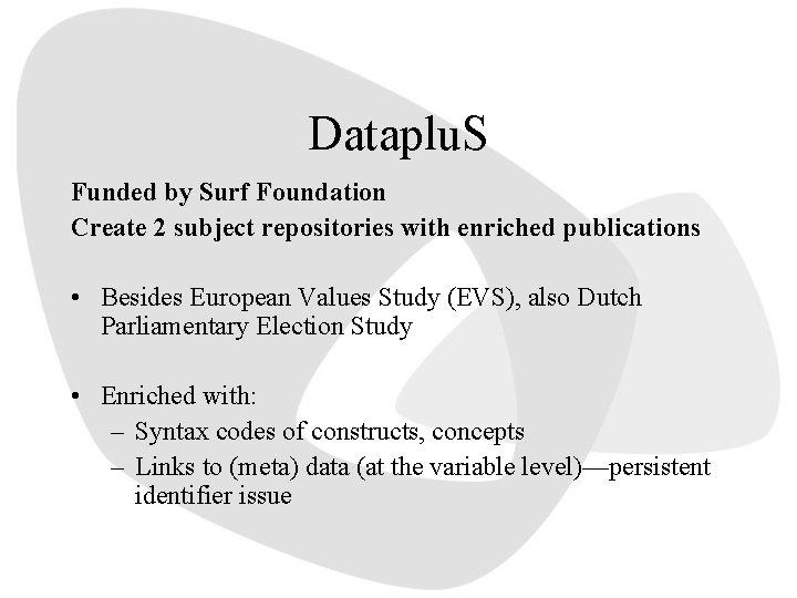 Dataplu. S Funded by Surf Foundation Create 2 subject repositories with enriched publications •