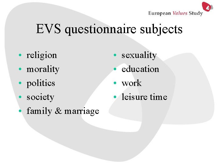 EVS questionnaire subjects • • • religion morality politics society family & marriage •