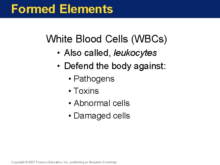 Formed Elements White Blood Cells (WBCs) • Also called, leukocytes • Defend the body