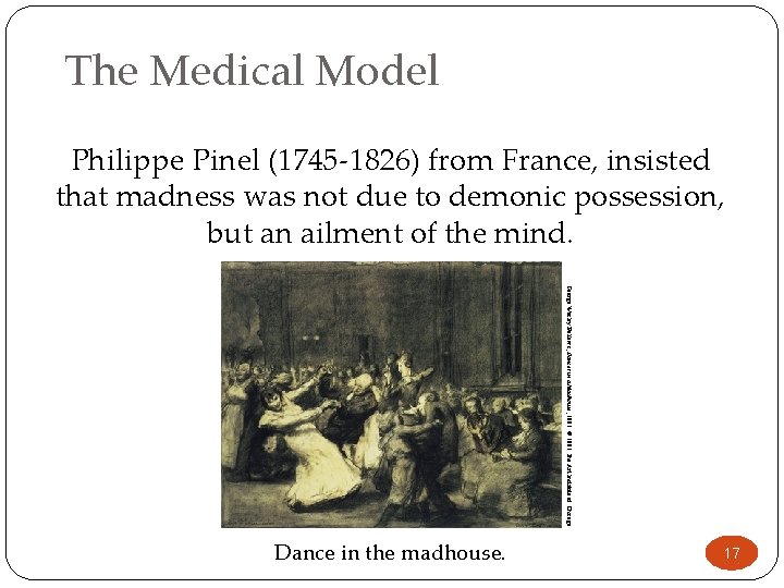 The Medical Model Philippe Pinel (1745 -1826) from France, insisted that madness was not