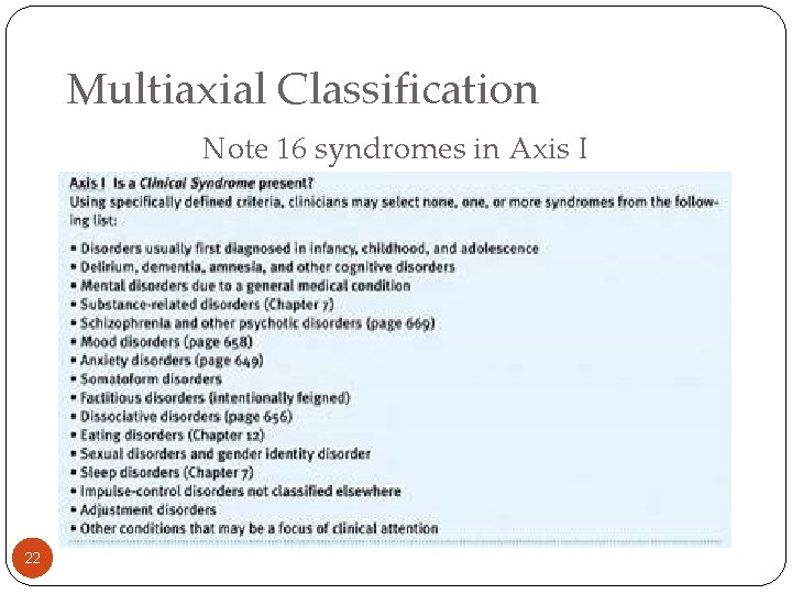 Multiaxial Classification Note 16 syndromes in Axis I 22 