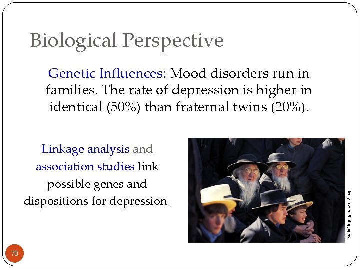 Biological Perspective Genetic Influences: Mood disorders run in families. The rate of depression is