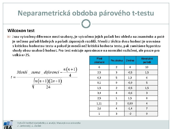 Neparametrická obdoba párového t-testu Wilcoxon test Jsou vytvořeny diference mezi soubory, je vytvořeno jejich