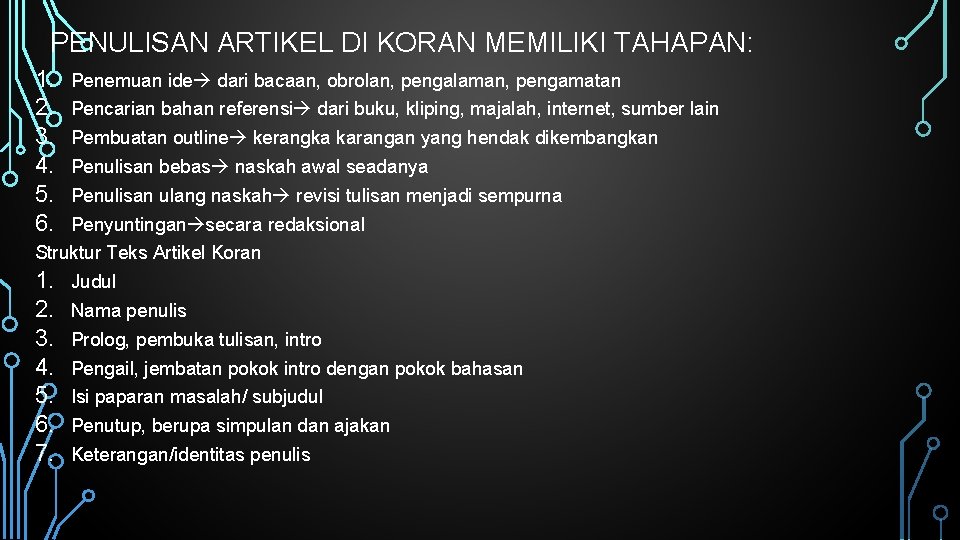 PENULISAN ARTIKEL DI KORAN MEMILIKI TAHAPAN: 1. 2. 3. 4. 5. 6. Penemuan ide