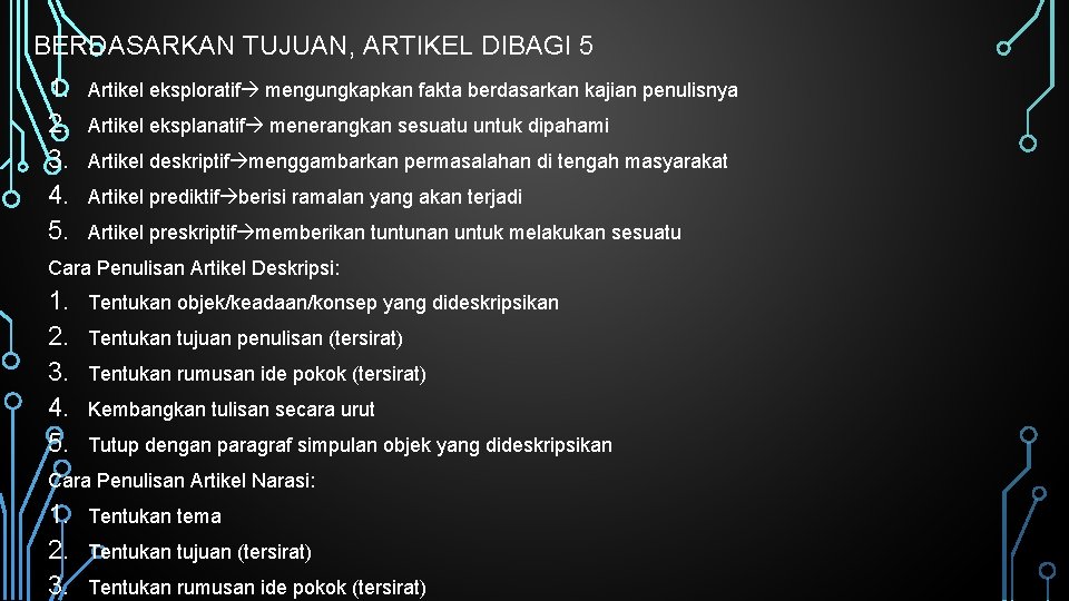 BERDASARKAN TUJUAN, ARTIKEL DIBAGI 5 1. 2. 3. 4. 5. Artikel eksploratif mengungkapkan fakta