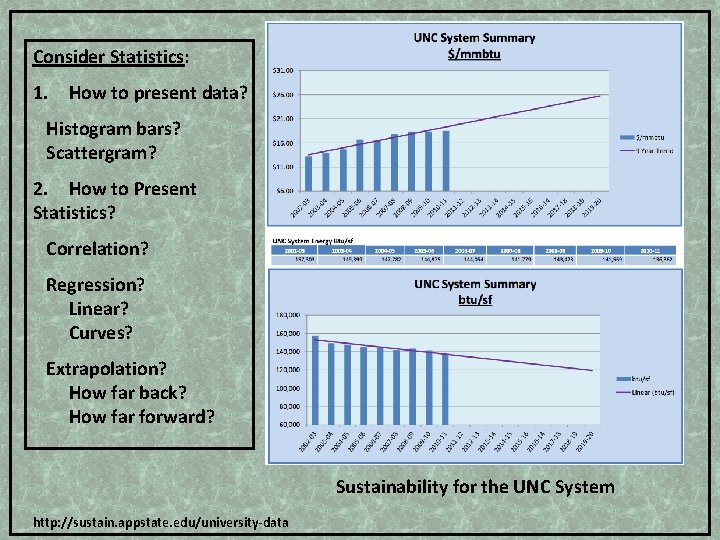 Consider Statistics: 1. How to present data? Histogram bars? Scattergram? 2. How to Present