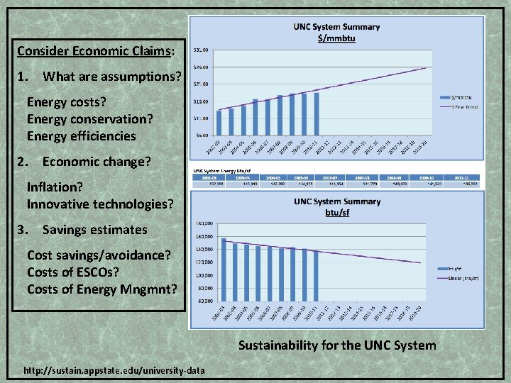 Consider Economic Claims: 1. What are assumptions? Energy costs? Energy conservation? Energy efficiencies 2.