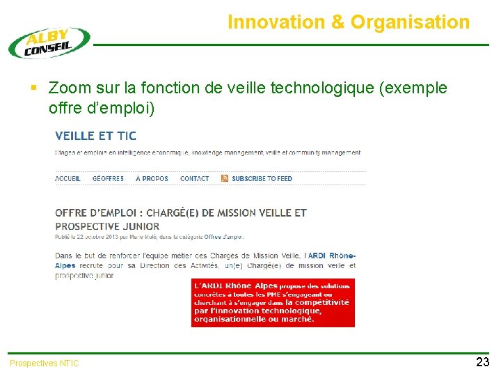 Innovation & Organisation § Zoom sur la fonction de veille technologique (exemple offre d’emploi)