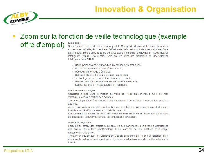 Innovation & Organisation § Zoom sur la fonction de veille technologique (exemple offre d’emploi)