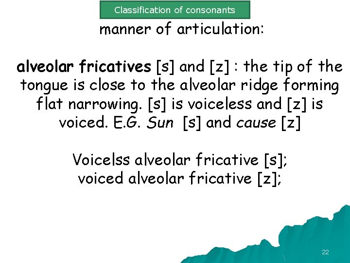 Classification of consonants manner of articulation: alveolar fricatives [s] and [z] : the tip