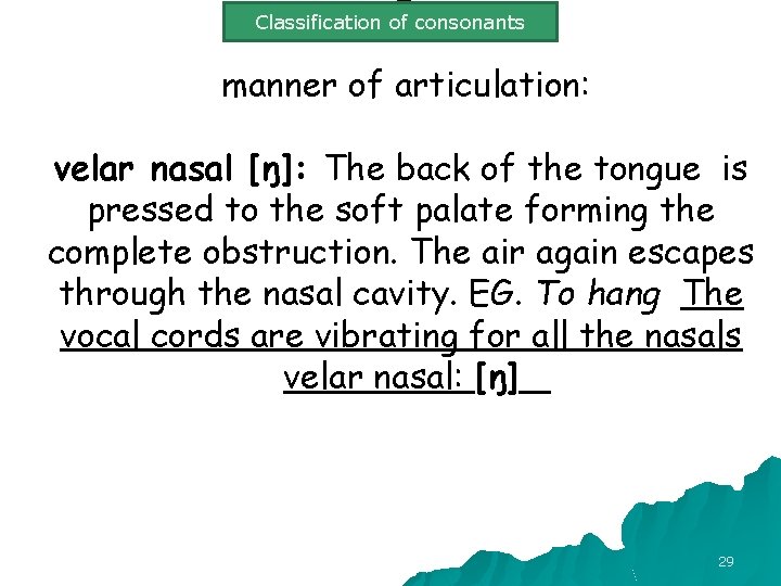 Ø Classification of consonants manner of articulation: velar nasal [ŋ]: The back of the