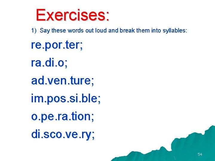 Exercises: 1) Say these words out loud and break them into syllables: re. por.
