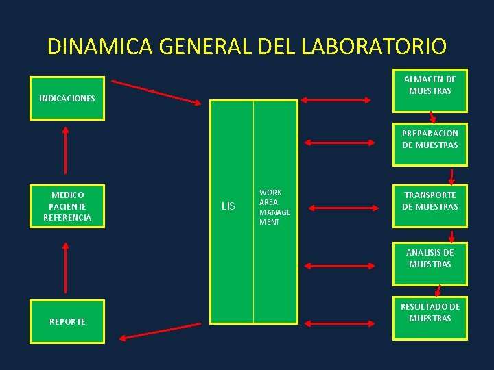 DINAMICA GENERAL DEL LABORATORIO ALMACEN DE MUESTRAS INDICACIONES PREPARACION DE MUESTRAS MEDICO PACIENTE REFERENCIA