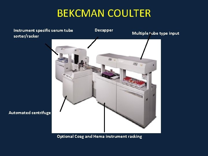 BEKCMAN COULTER Instrument specific serum tube sorter/racker Decapper Multiple tube type input Automated centrifuge