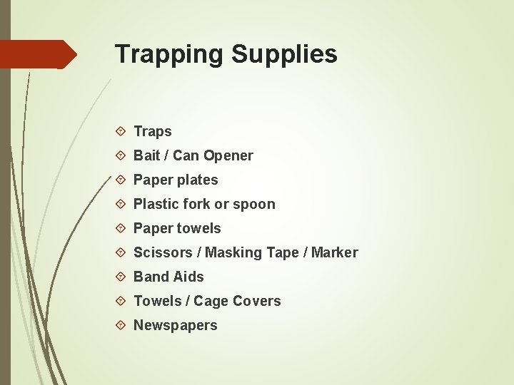 Trapping Supplies Traps Bait / Can Opener Paper plates Plastic fork or spoon Paper