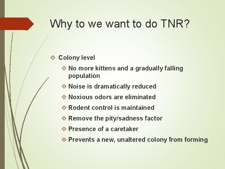 Why to we want to do TNR? Colony level No more kittens and a