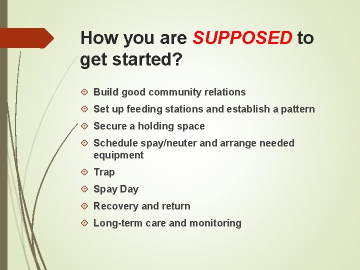 How you are SUPPOSED to get started? Build good community relations Set up feeding