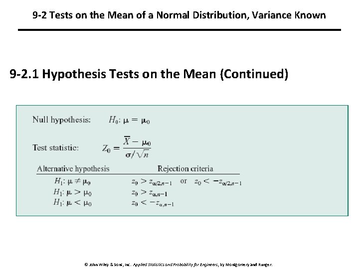 9 -2 Tests on the Mean of a Normal Distribution, Variance Known 9 -2. 9 -2 Tests on the Mean of a Normal Distribution, Variance Known 9 -2.
