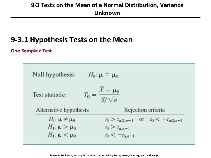 9 -3 Tests on the Mean of a Normal Distribution, Variance Unknown 9 -3. 9 -3 Tests on the Mean of a Normal Distribution, Variance Unknown 9 -3.