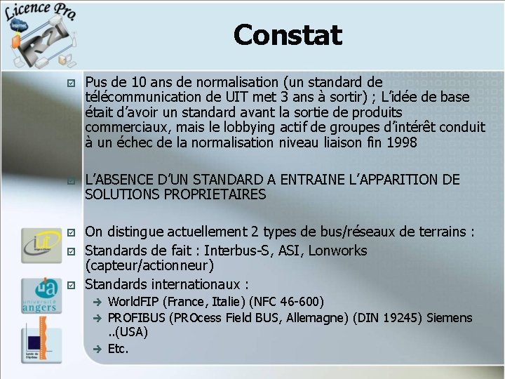 Constat þ Pus de 10 ans de normalisation (un standard de télécommunication de UIT Constat þ Pus de 10 ans de normalisation (un standard de télécommunication de UIT