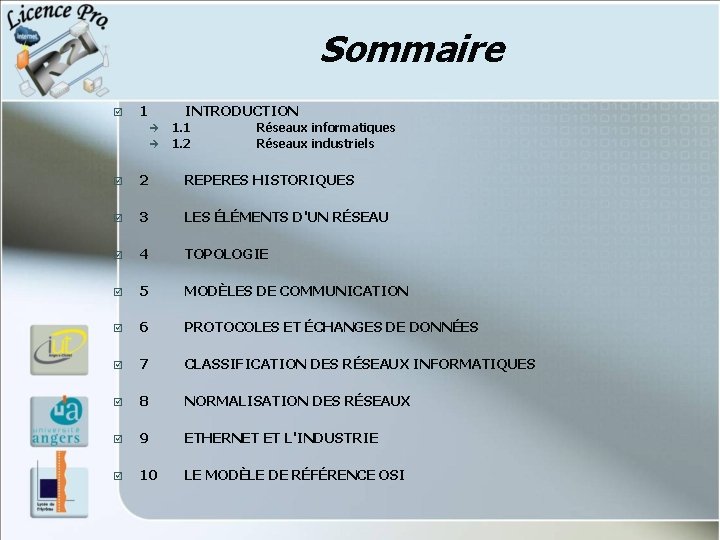 Sommaire þ 1 INTRODUCTION è è 1. 1 1. 2 Réseaux informatiques Réseaux industriels Sommaire þ 1 INTRODUCTION è è 1. 1 1. 2 Réseaux informatiques Réseaux industriels