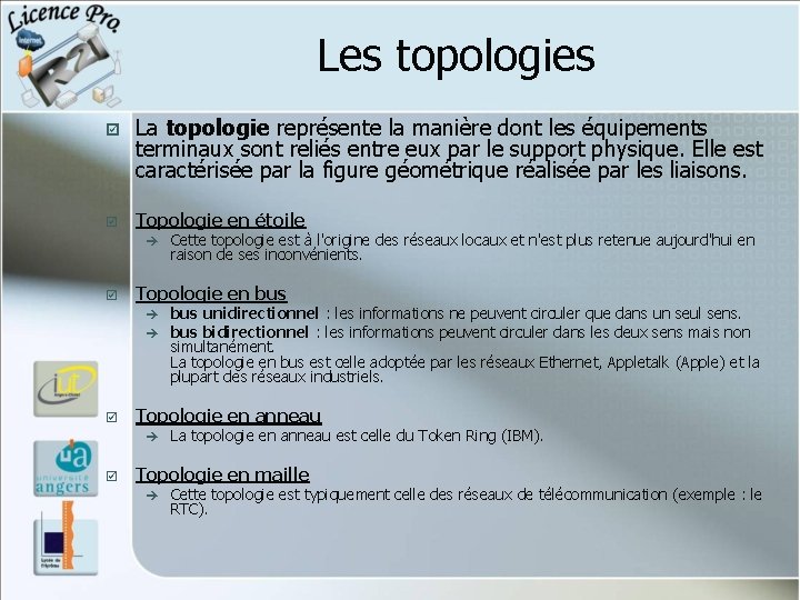Les topologies þ La topologie représente la manière dont les équipements terminaux sont reliés Les topologies þ La topologie représente la manière dont les équipements terminaux sont reliés