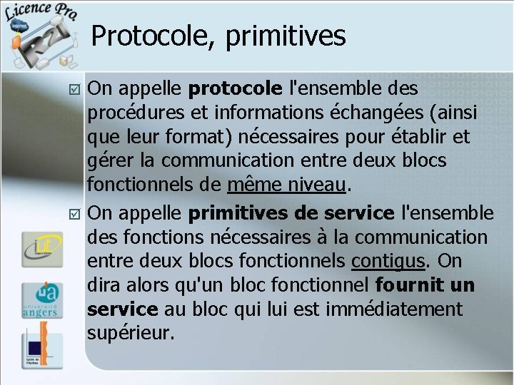 Protocole, primitives On appelle protocole l'ensemble des procédures et informations échangées (ainsi que leur Protocole, primitives On appelle protocole l'ensemble des procédures et informations échangées (ainsi que leur