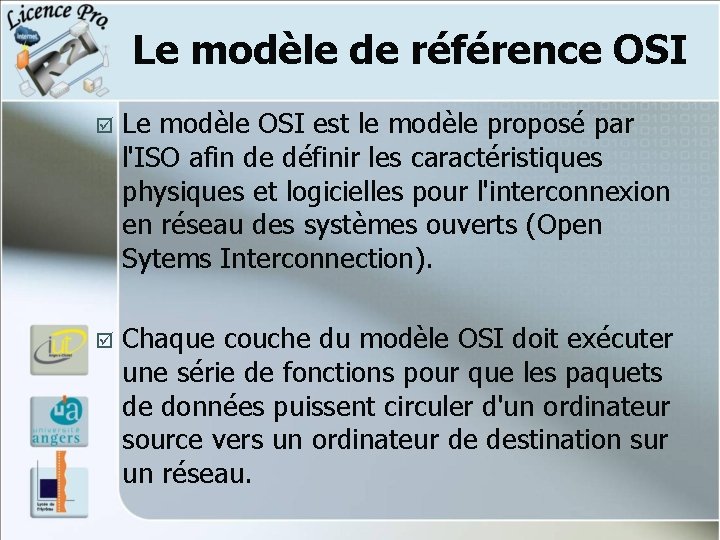 Le modèle de référence OSI þ Le modèle OSI est le modèle proposé par Le modèle de référence OSI þ Le modèle OSI est le modèle proposé par