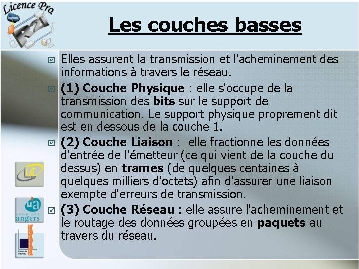 Les couches basses þ þ Elles assurent la transmission et l'acheminement des informations à Les couches basses þ þ Elles assurent la transmission et l'acheminement des informations à