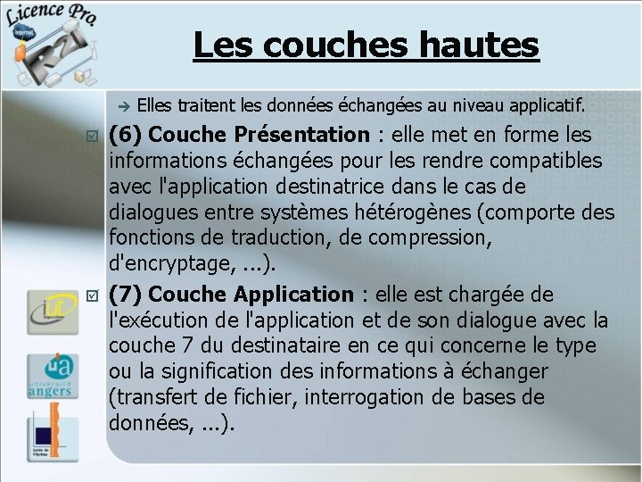 Les couches hautes è þ þ Elles traitent les données échangées au niveau applicatif. Les couches hautes è þ þ Elles traitent les données échangées au niveau applicatif.