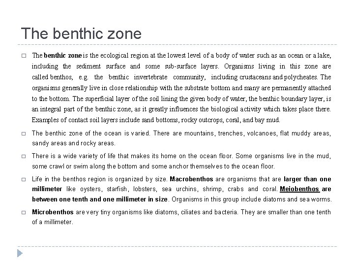 The benthic zone � The benthic zone is the ecological region at the lowest