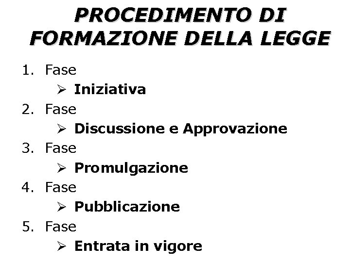 PROCEDIMENTO DI FORMAZIONE DELLA LEGGE 1. Fase Ø Iniziativa 2. Fase Ø Discussione e