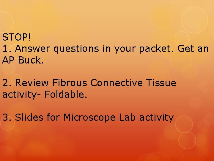 STOP! 1. Answer questions in your packet. Get an AP Buck. 2. Review Fibrous