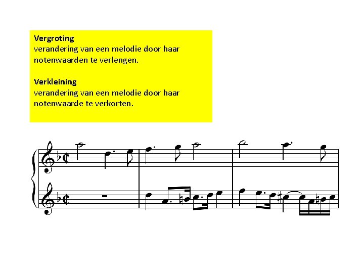 Vergroting verandering van een melodie door haar notenwaarden te verlengen. Verkleining verandering van een
