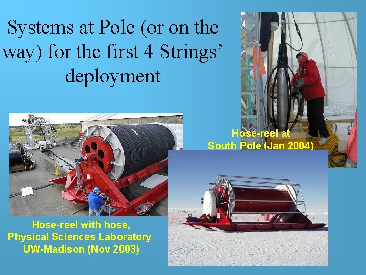 Systems at Pole (or on the way) for the first 4 Strings’ deployment Hose-reel Systems at Pole (or on the way) for the first 4 Strings’ deployment Hose-reel