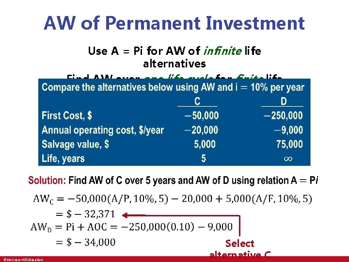 AW of Permanent Investment • Use A = Pi for AW of infinite life