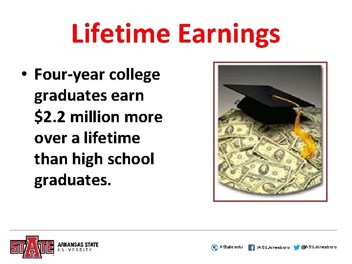 Lifetime Earnings • Four-year college graduates earn $2. 2 million more over a lifetime